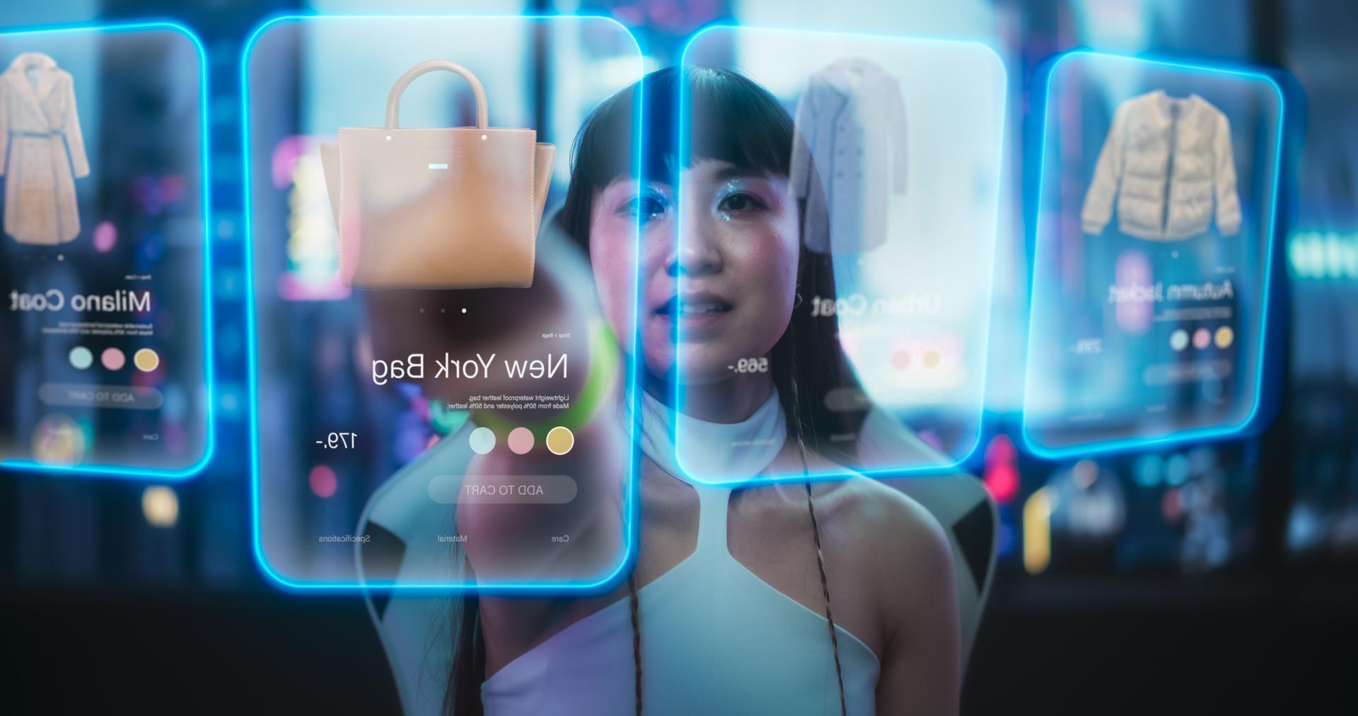 Stylish Japanese Young Woman Interacting with Augmented Reality Platform in a Technologically Advanced Room with Futuristic Cyberpunk City in the Background. Beautiful Girl Doing Online Shopping
