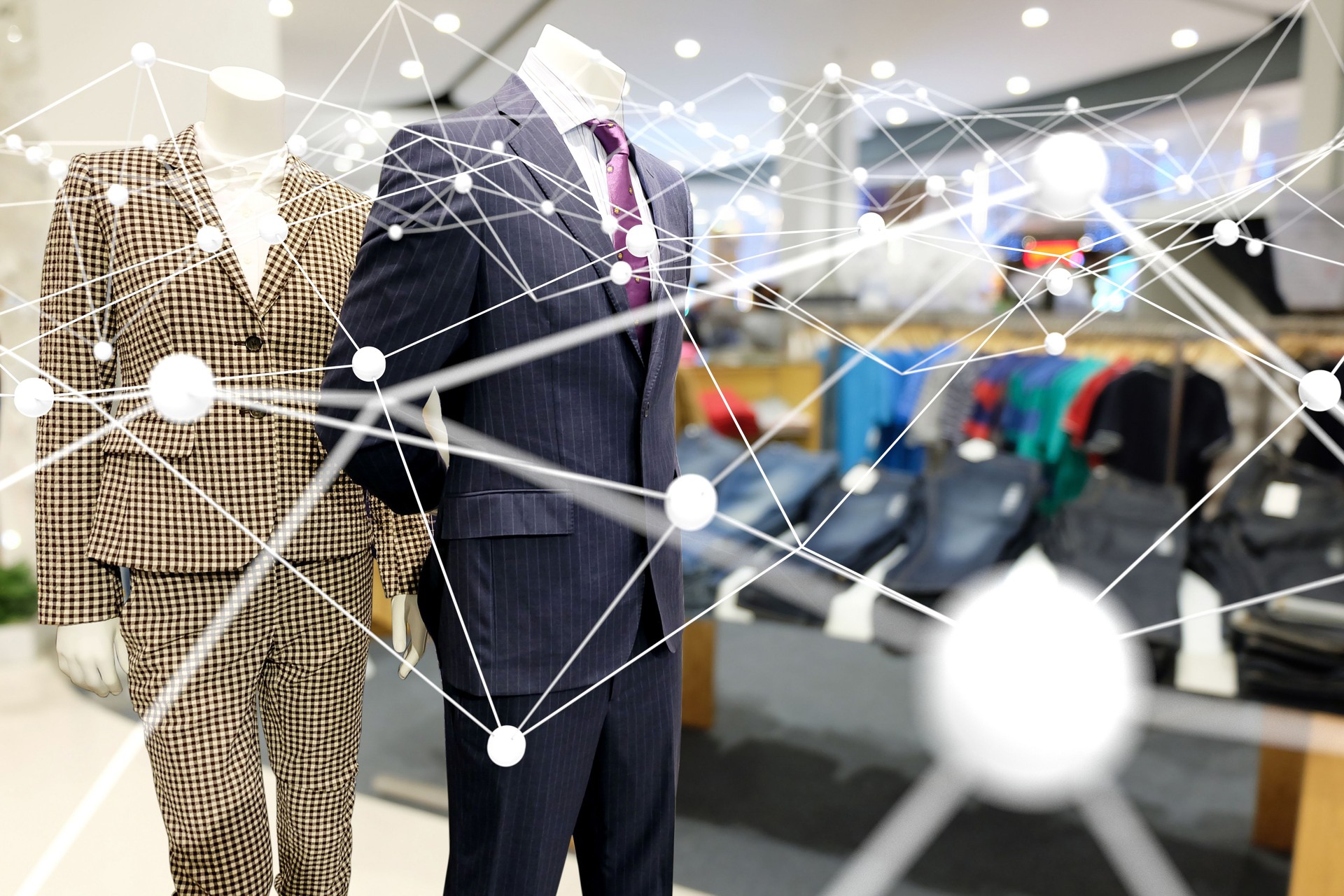 Smart retail , deep learning , neural networks and marketing concept. Atom connect with  retail flashion shop store background