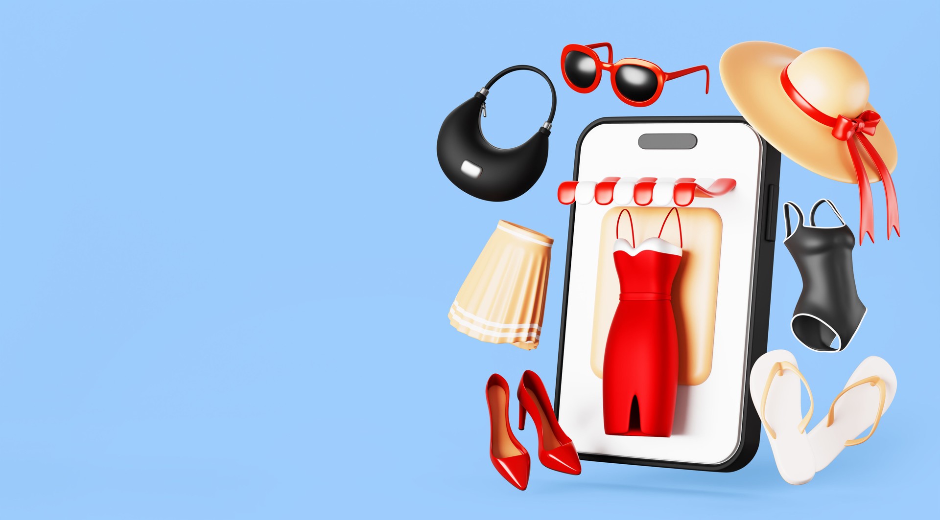 3d online women clothes shop concept. Smartphone with dress, shoes, bag, skirt, hat, swimsuit and sunglasses for shopping in mobile app. Fashion store, marketplace, ecommerce render