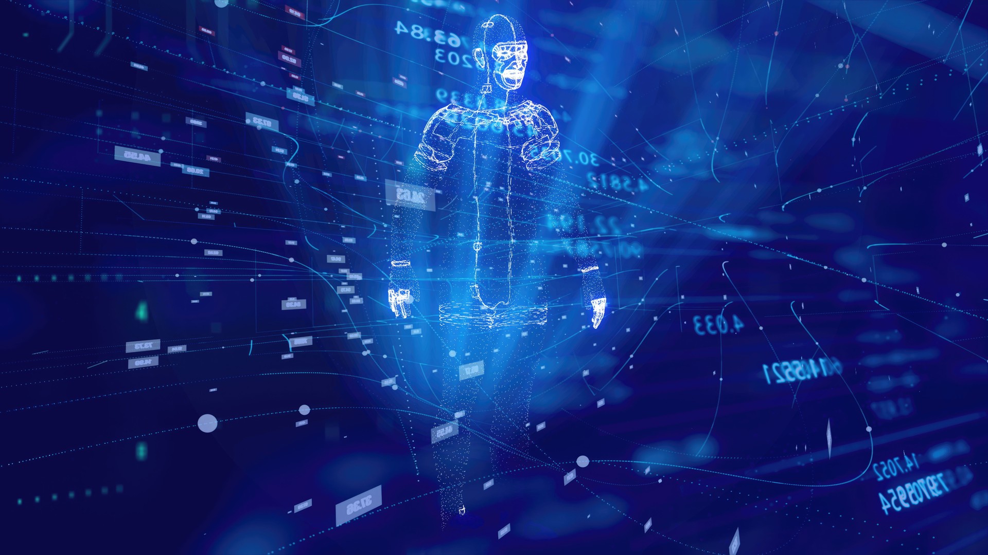 Futuristic AI Robot in Neon Blue Digital World.