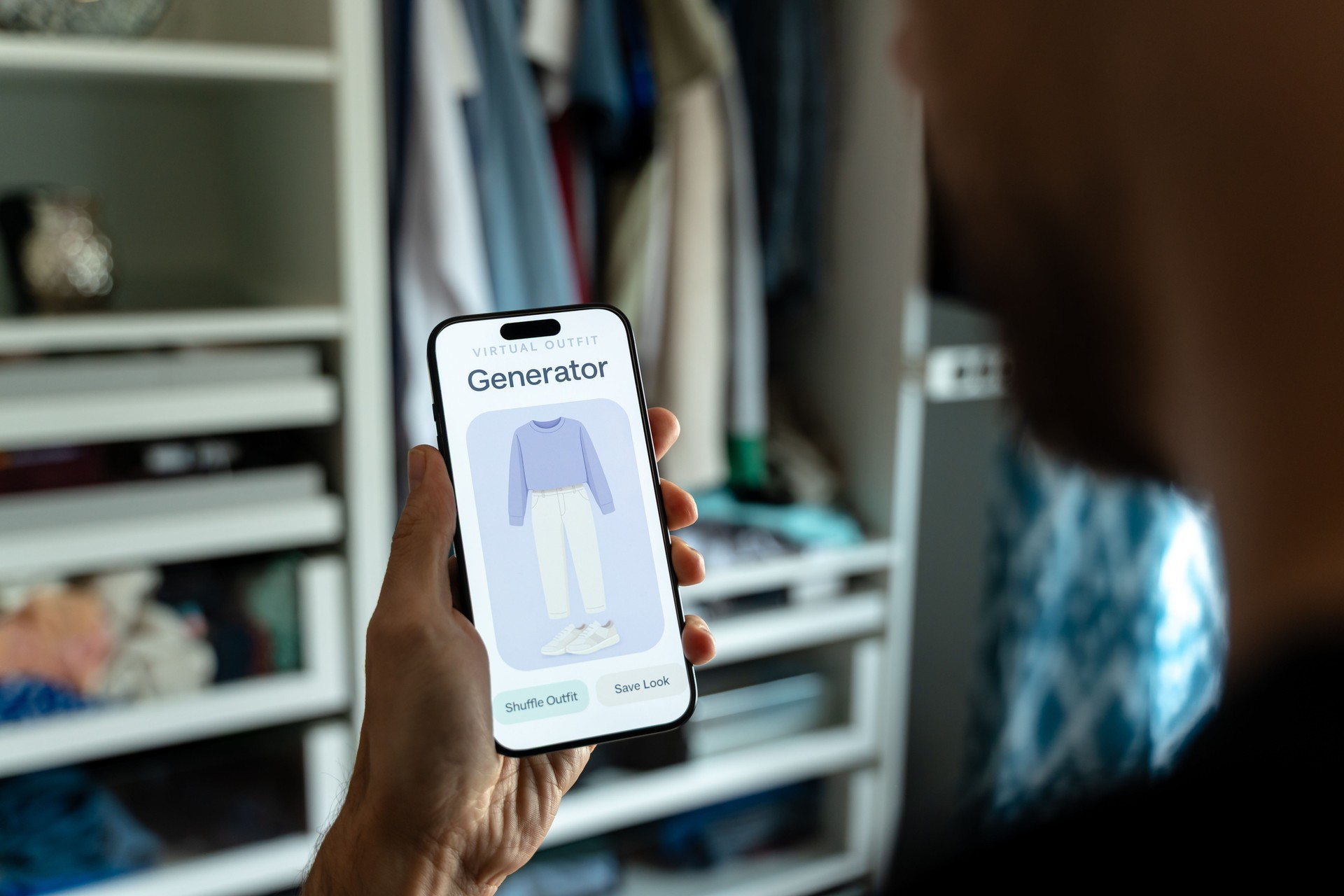 Man using virtual outfit generator app on smartphone in closet