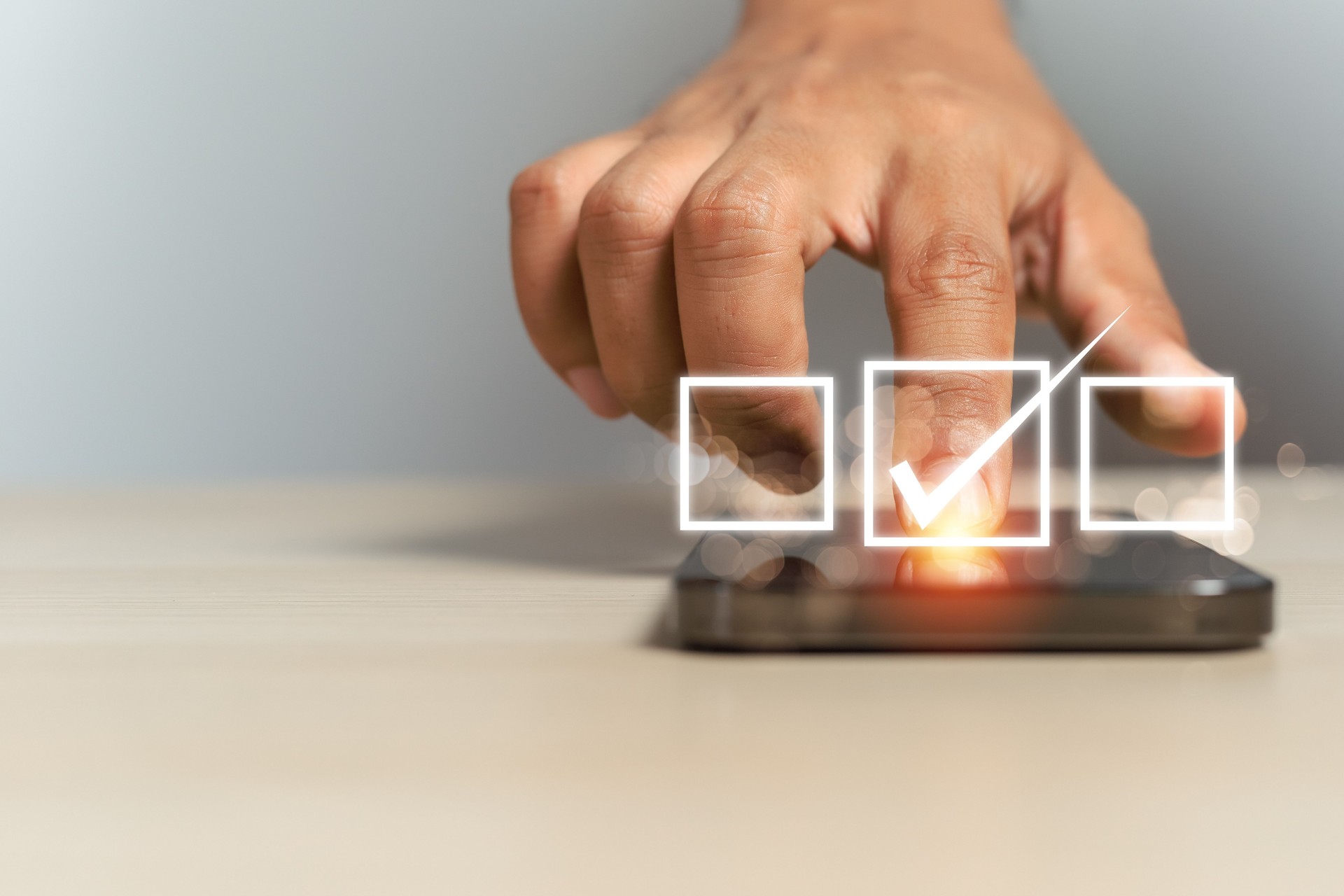 Checkmark and voting satisfaction concept. hand finger on smartphone screen with confirm checklist mark customer choice approval.