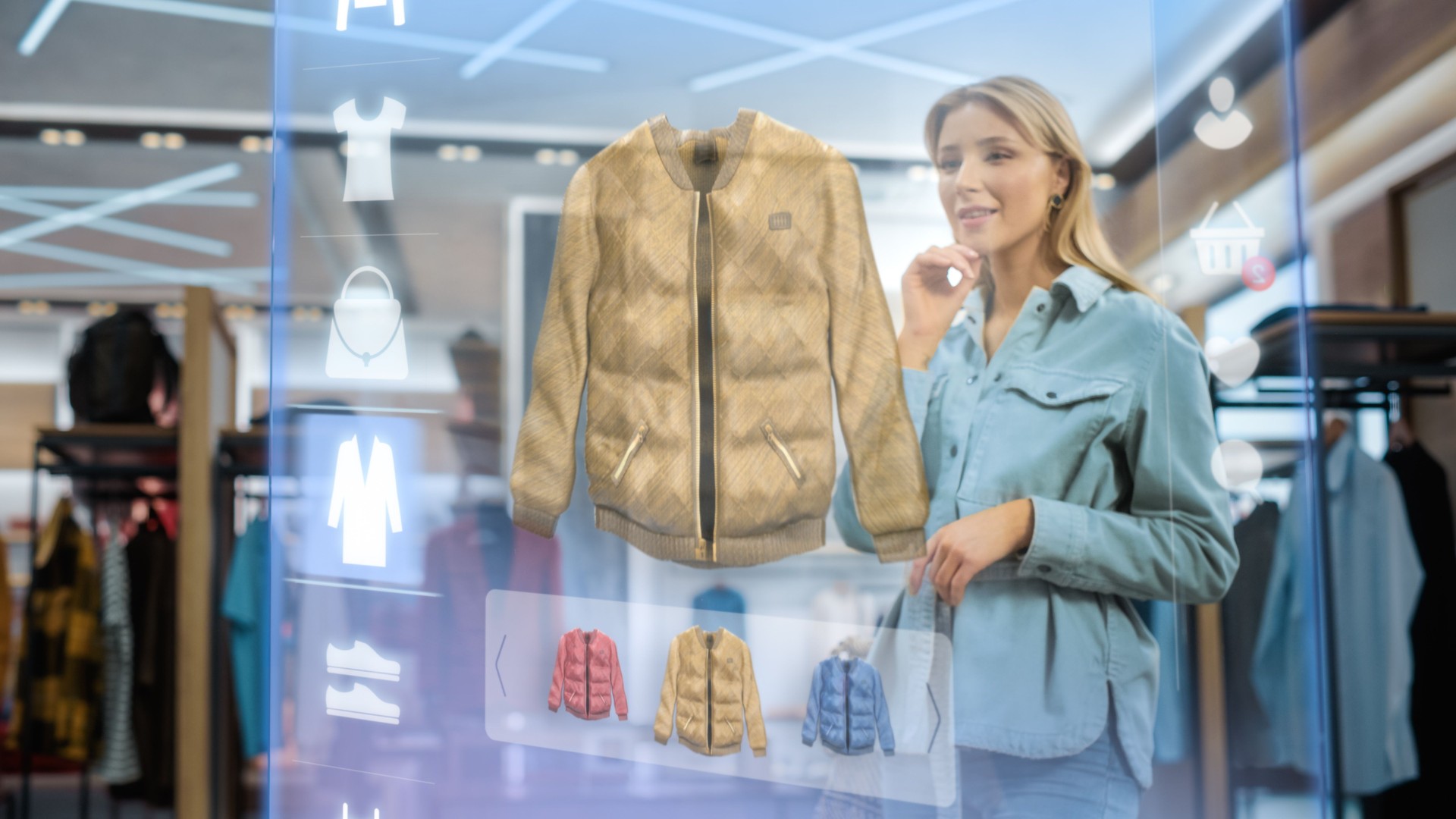Beautiful Female Customer Using 3D Augmented Reality Digital Interface in Modern Shopping Center. Shopper is Choosing Fashionable Bags, Stylish Garments in Clothing Store. Futuristic VFX UI Concept.