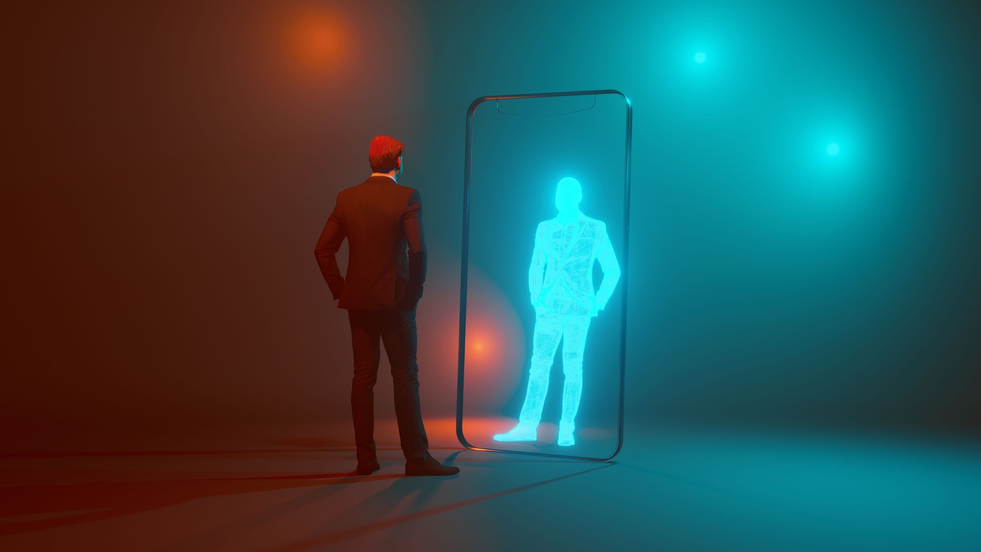 Digital authentication concept with man meeting his digital twin