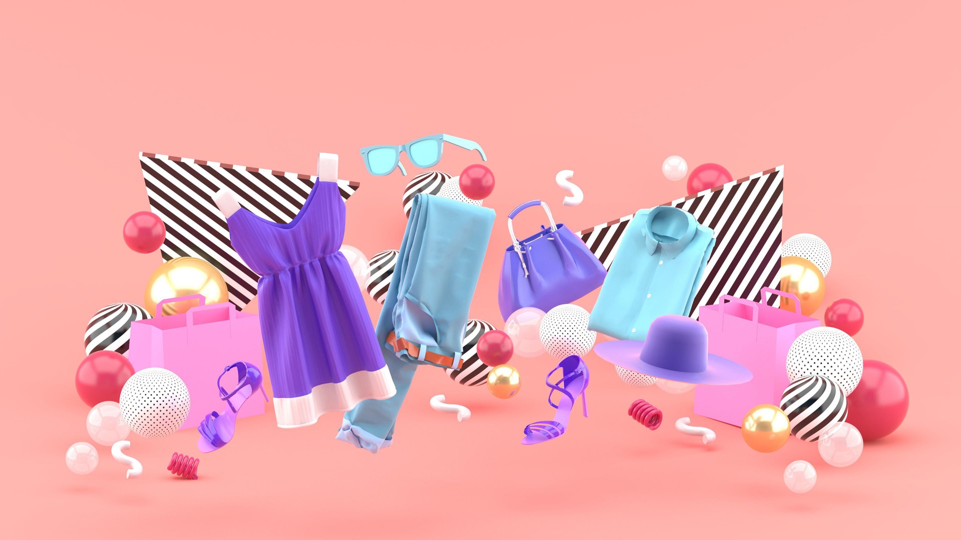 Dresses, pants, sweatshirts, hats, purses, high heels and sunglasses among colorful balls on a pink background.-3d rendering.