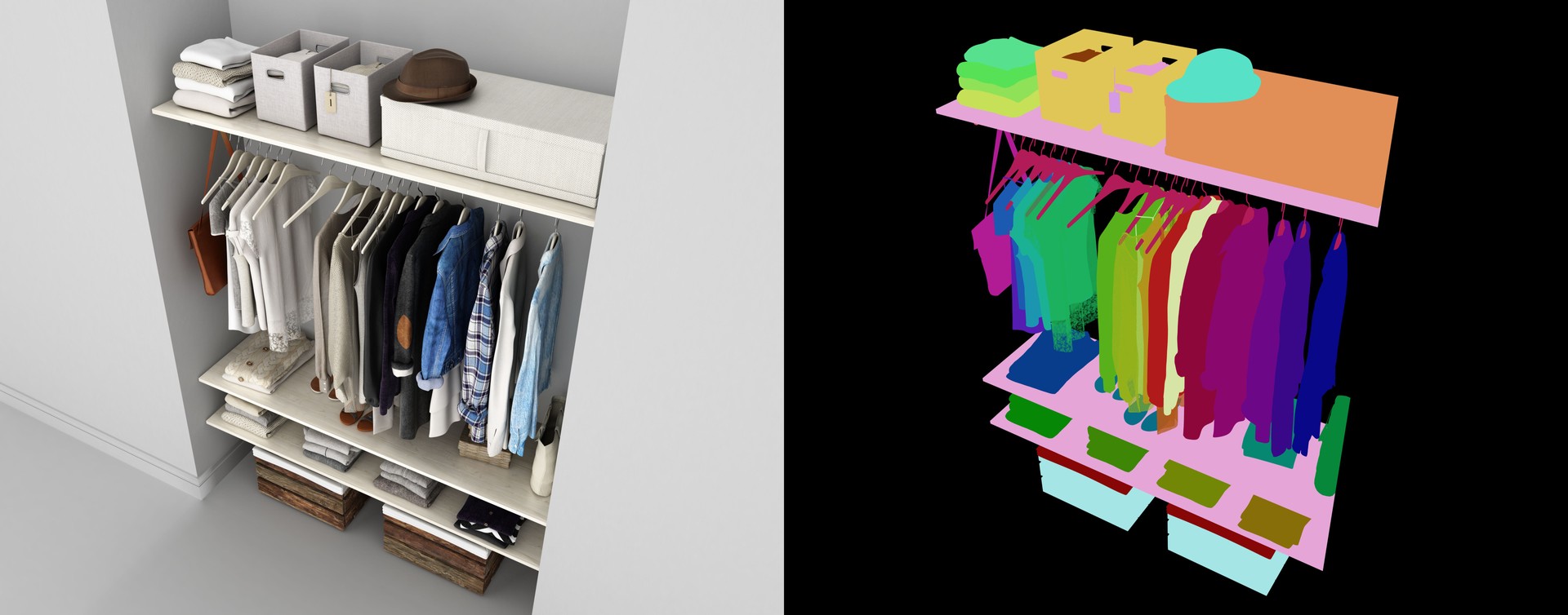 Wardrobe built-in wall with clothes 3d render with alpha color map